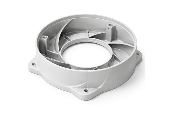 heat pump plastic housing with internal ribbing and mounting points for structural support